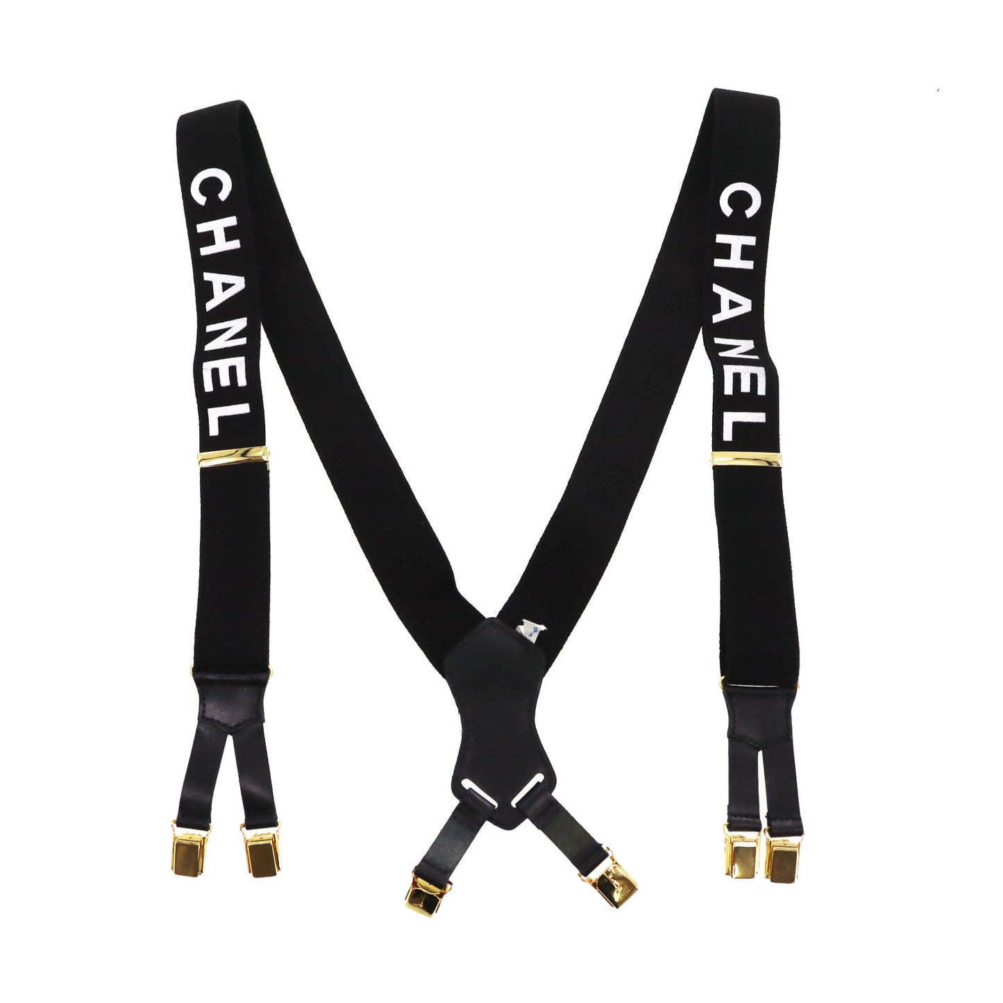 CHANEL Logo Suspender Black Sewing Elastic Leather #CJ416