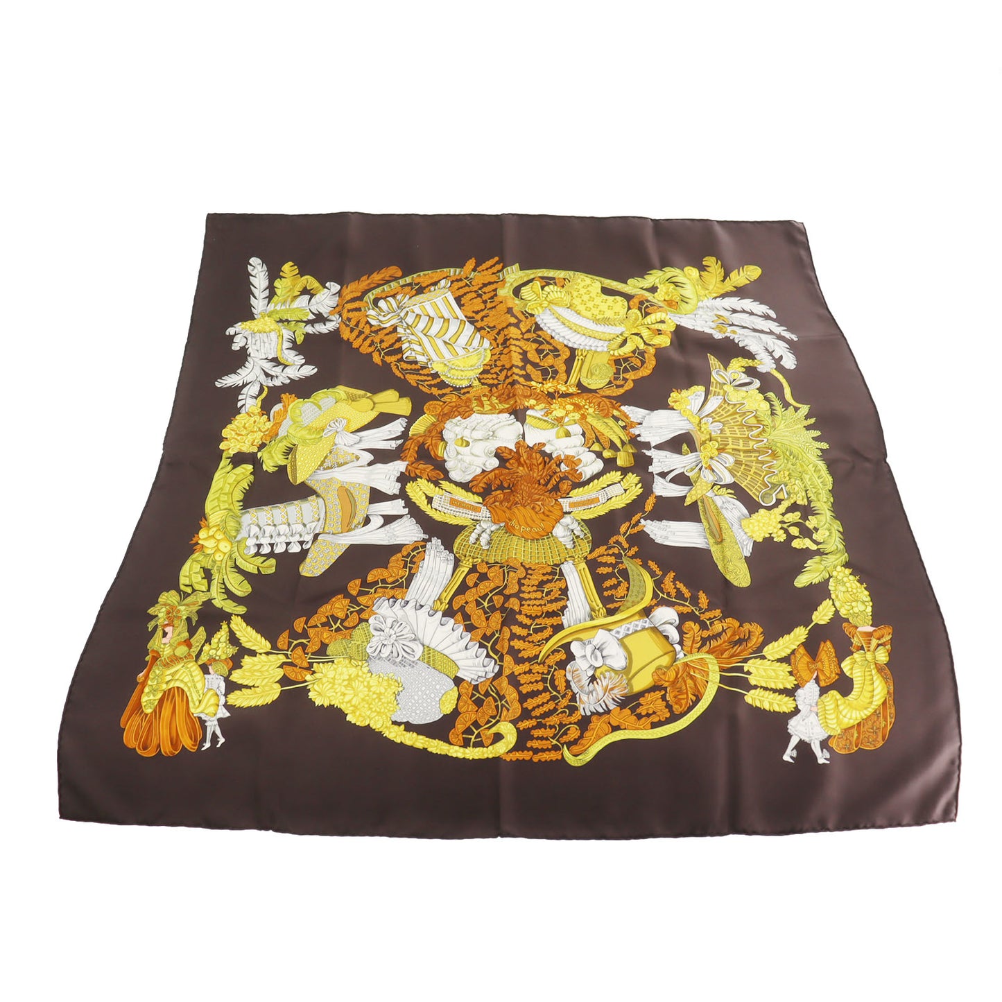 HERMES Carre 90 Logos Botanical Hat Design Silk Scarf Brown #AG543