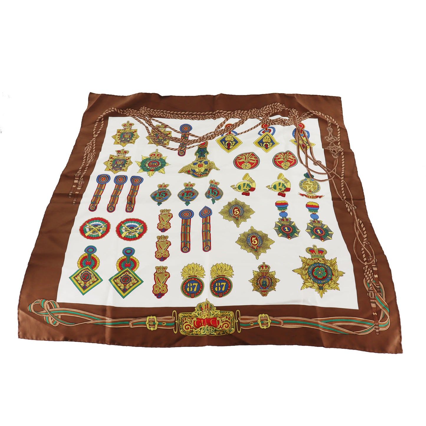 GUCCI Used Badge Motif Scarf Brown Silk Vintage #DA836