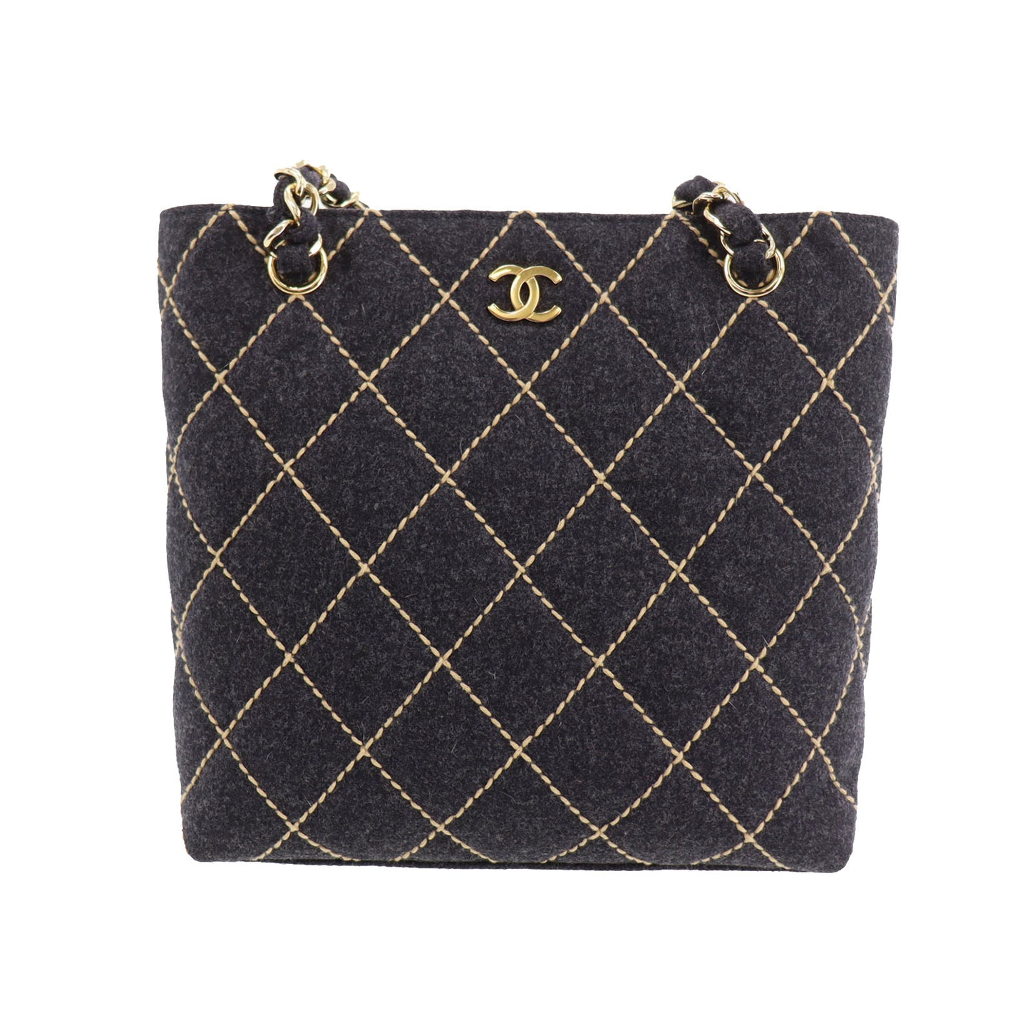 CHANEL Logos Tote Shoulder Bag Dark Gray Felt #CB789