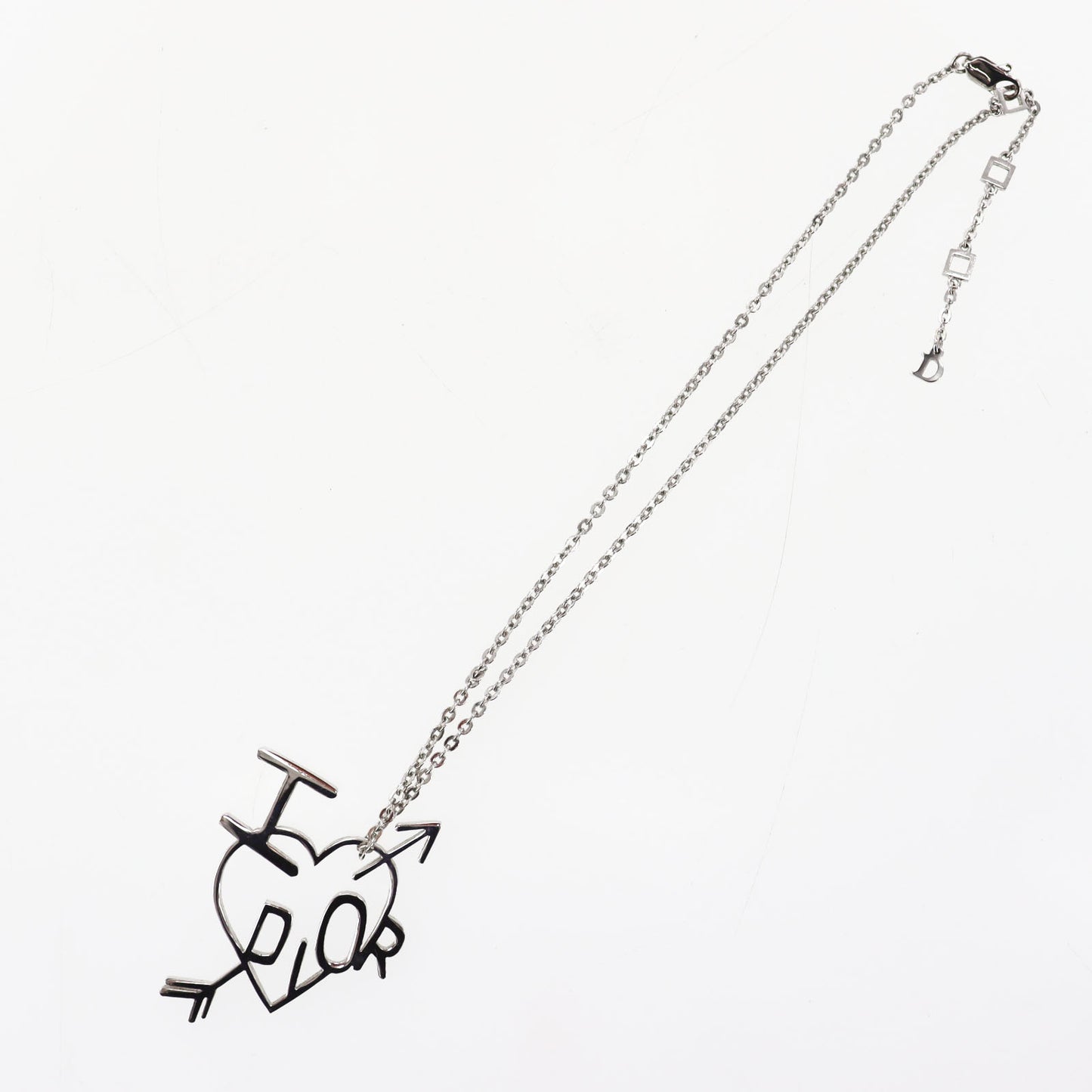 Christian Dior Logo Heart Chain Necklace Silver #CX518