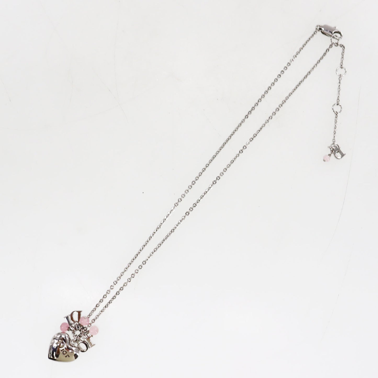 Christian Dior Logos Heart Beads Chain Necklace Silver Pink #ED570