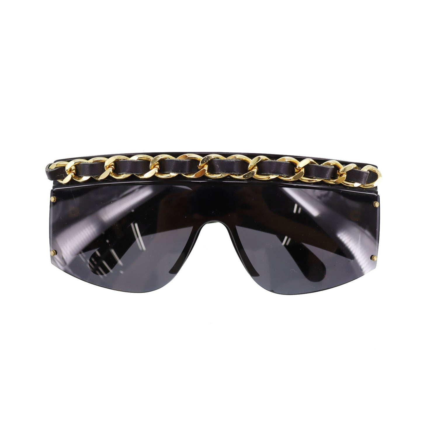 CHANEL Chain Sunglasses Black Shield Eye Wear #BZ506