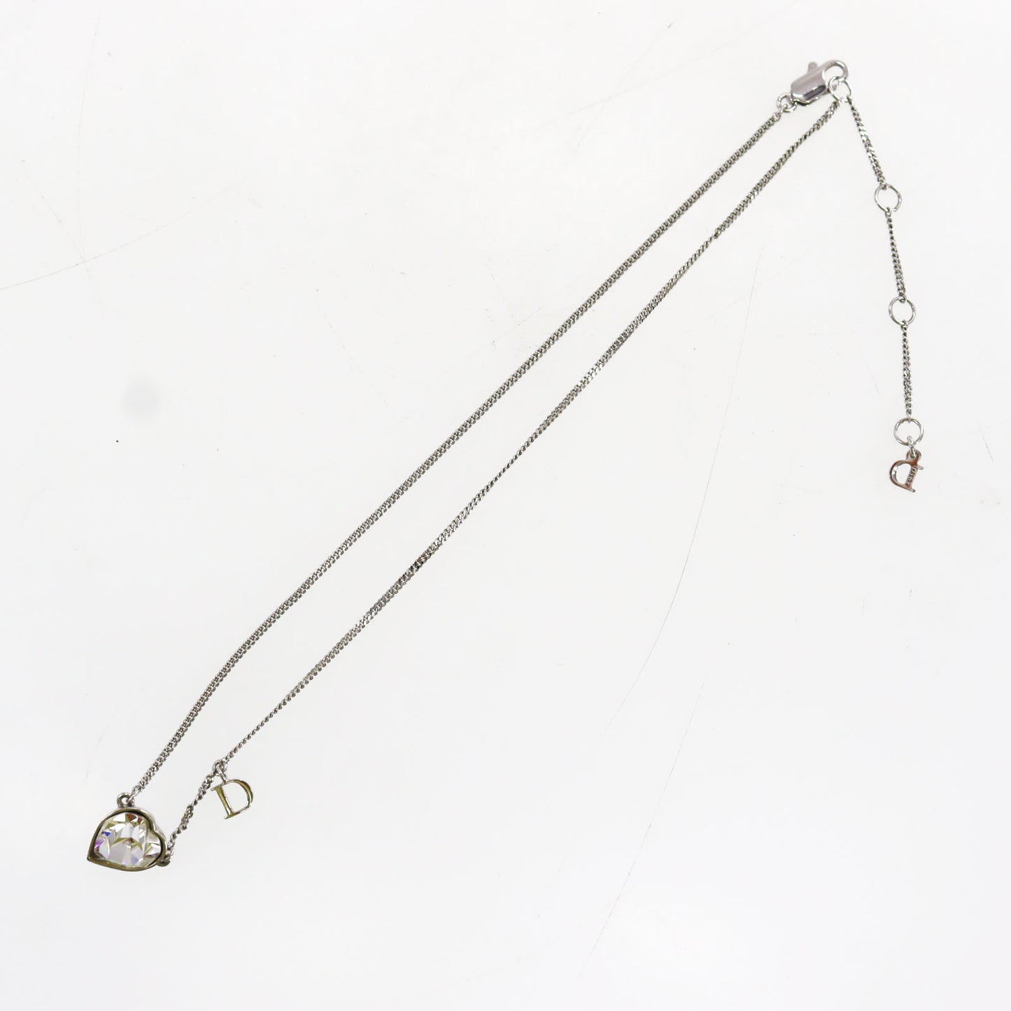 Christian Dior Heart Rhinestones Chain Necklace Silver #ED16