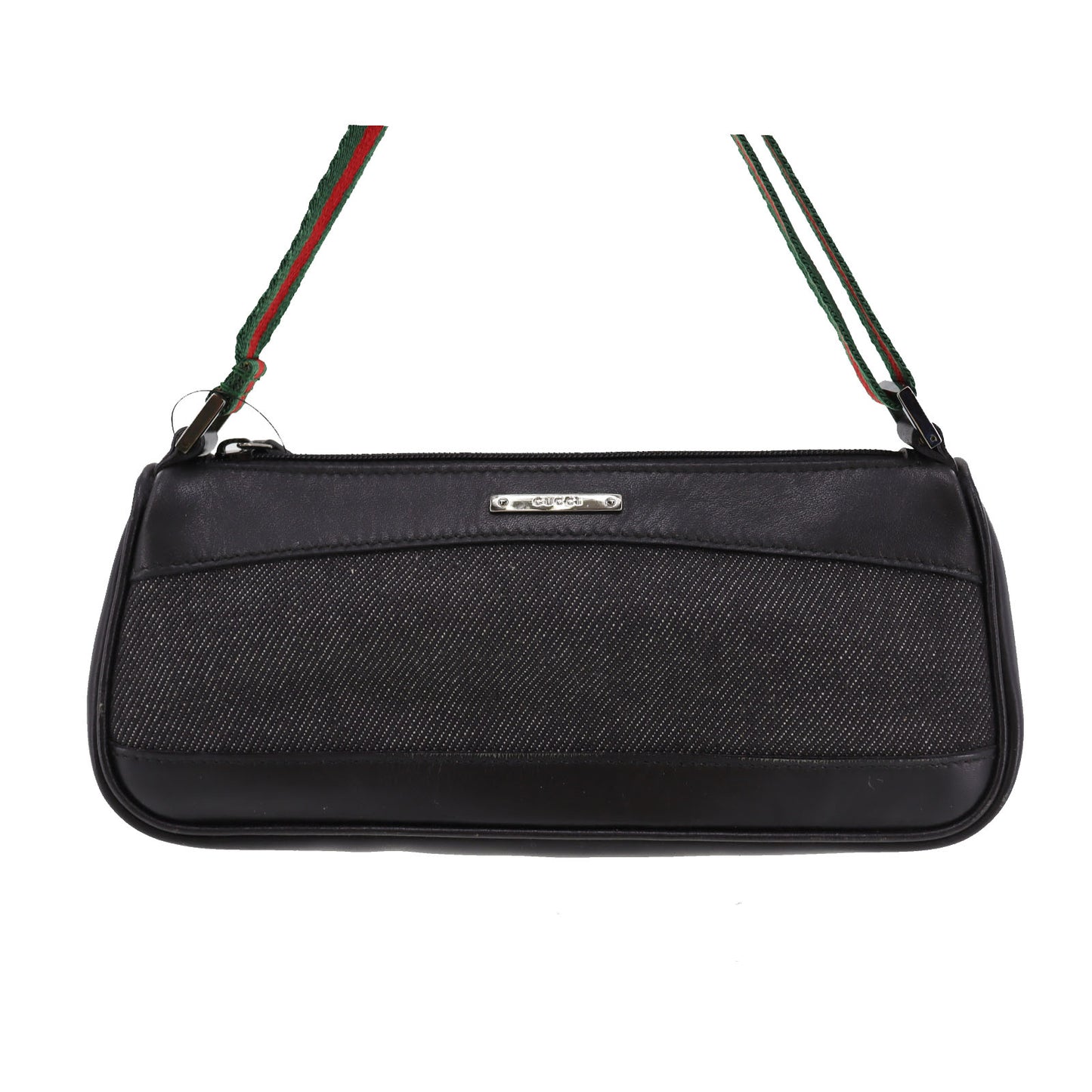 GUCCI Logos Web Stripe Small Handbag Black Canvas Leather #AH366
