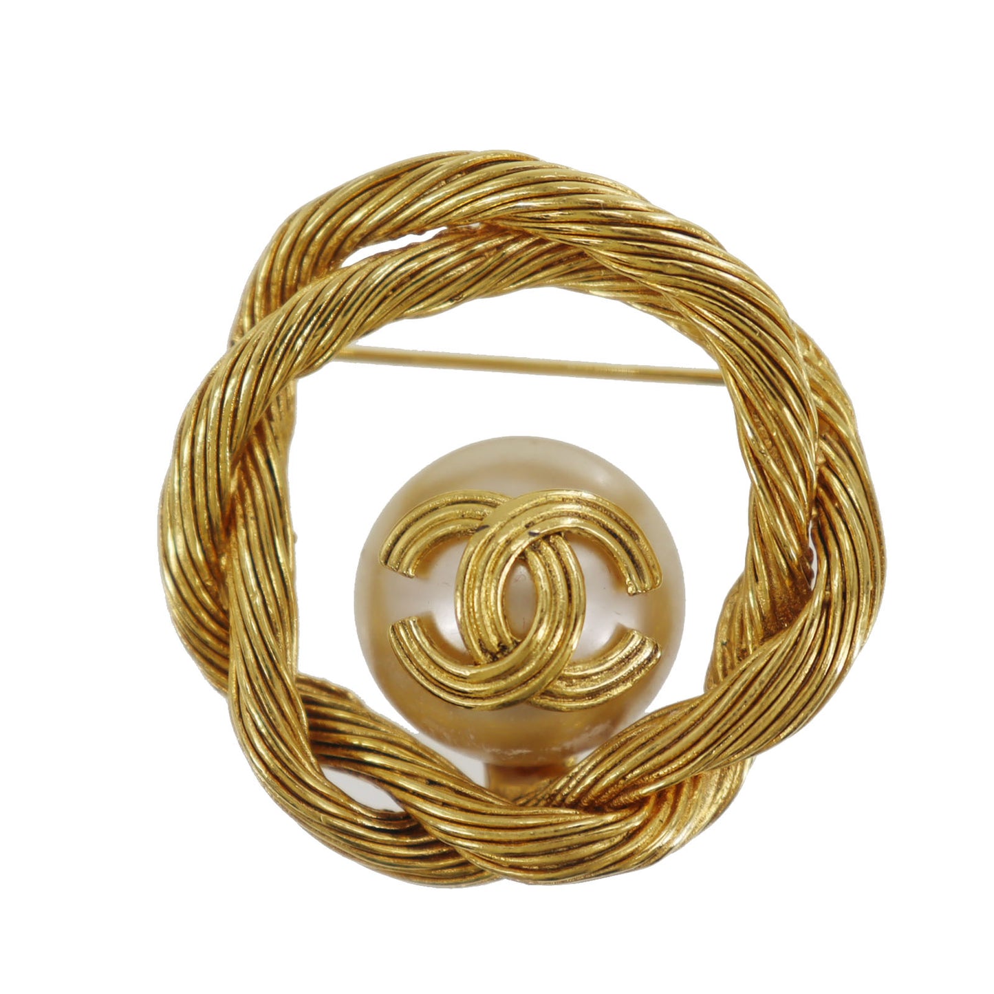 CHANEL CC Circle Pin Brooch Gold Plated Pearl 94A #CG797