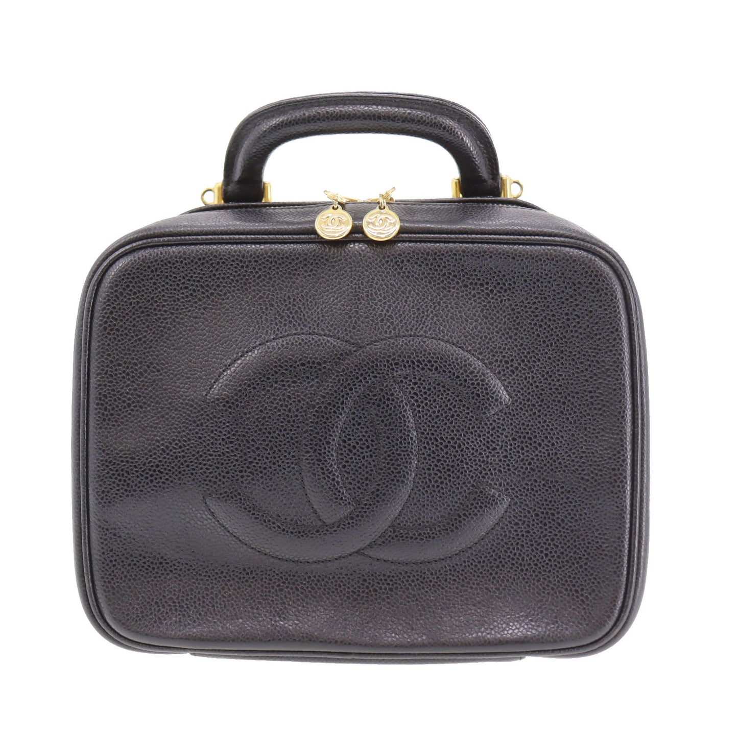 CHANEL CC Shoulder Handbag Vanity Black Caviar Skin Leather #CD668