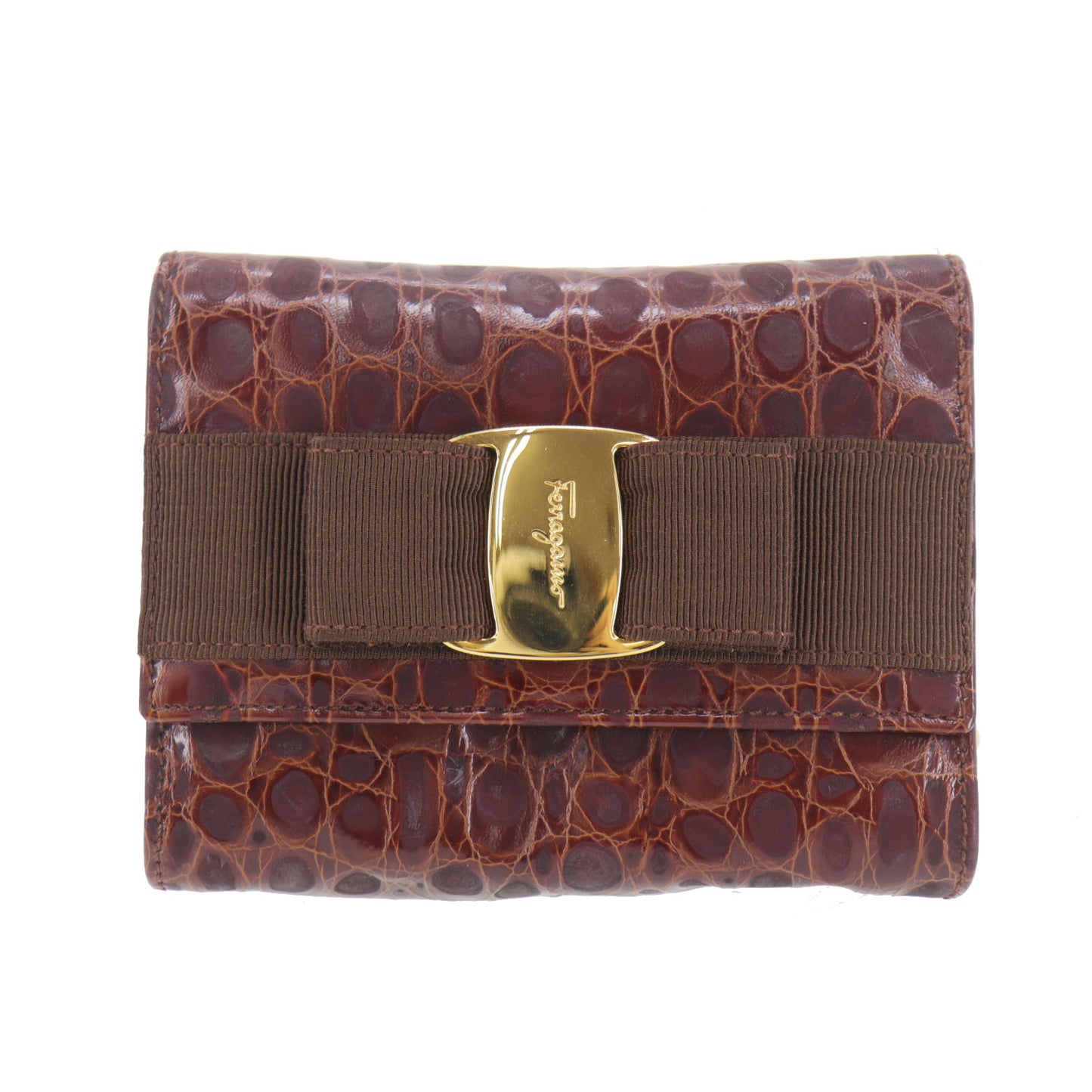 Salvatore Ferragamo Vara Mini Shoulder Bag Brown Embossed Leather #AH47