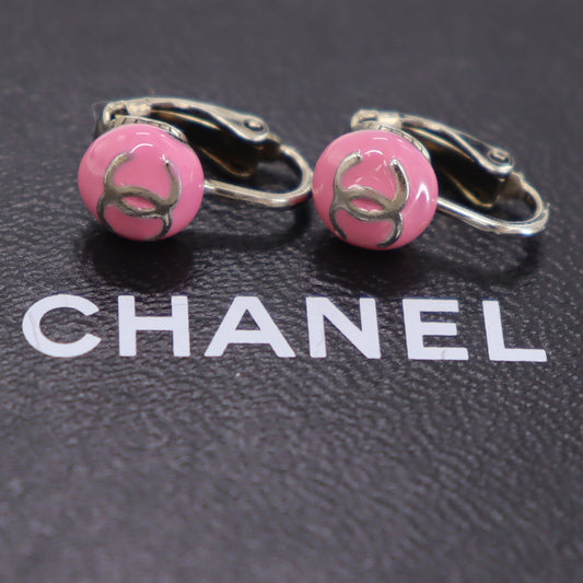 CHANEL CC Logos Earrings Pink Silver Clip-On 03C #BY524