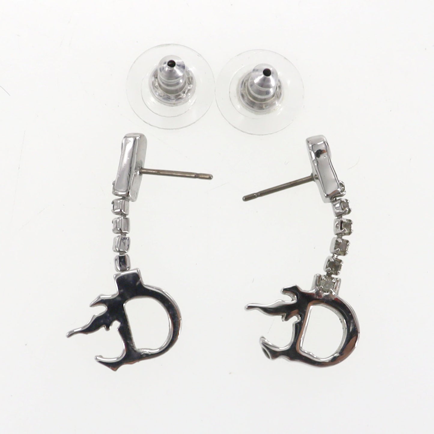Christian Dior D Logos Fire Motif Piercing Silver Stone Earrings #CG657