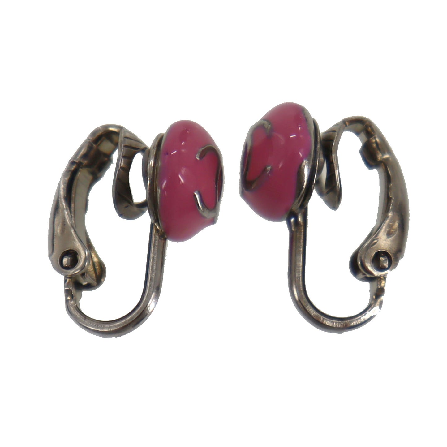 CHANEL CC Logos Earrings Pink Silver Clip-On 03C #BY524