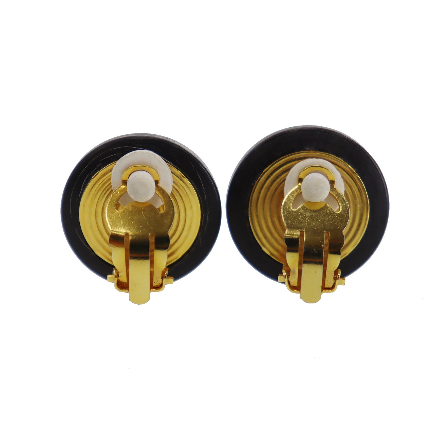 HERMES Horn Motif Circle Black Gold Earrings Clip-On #CP922
