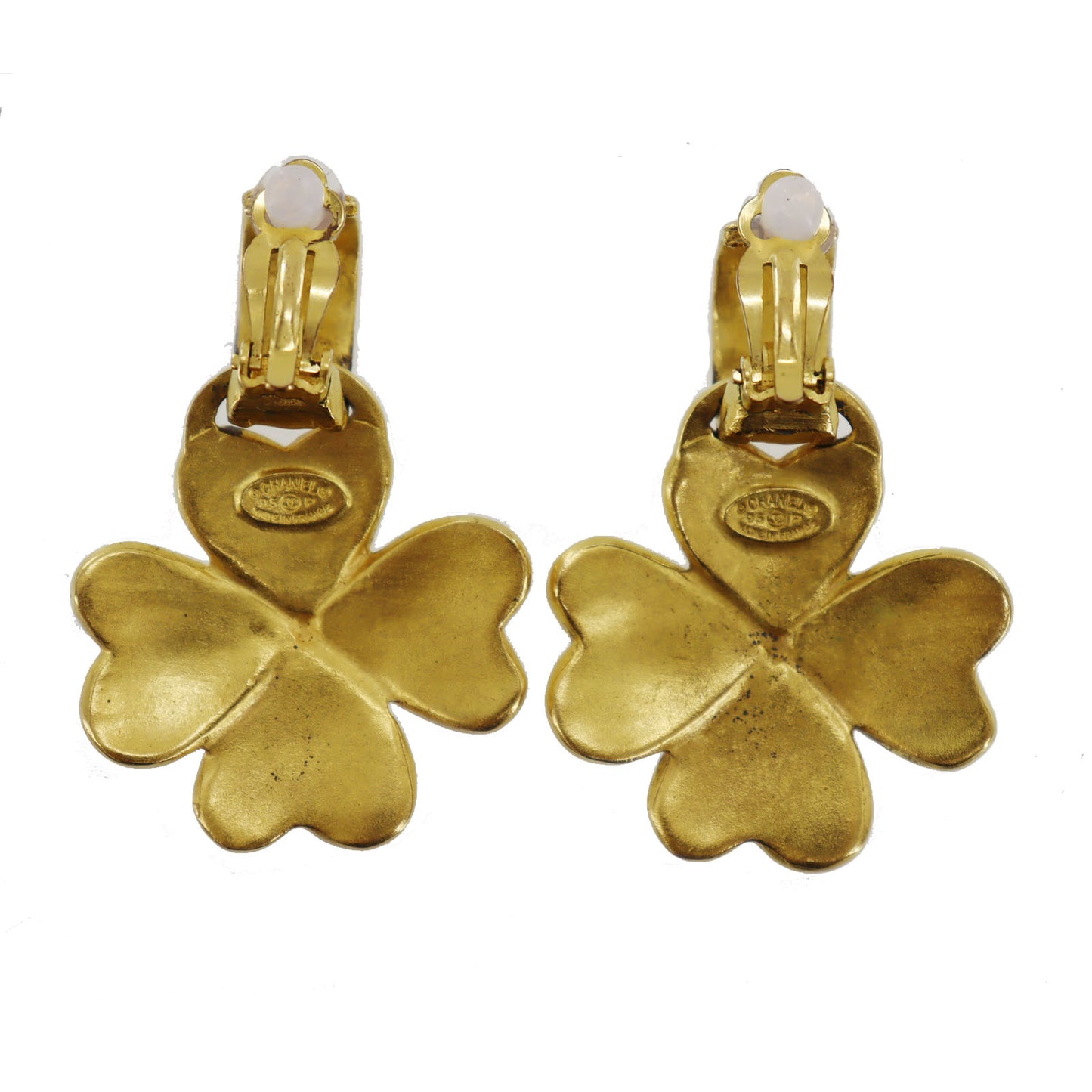 CHANEL CC Logos Clover Earrings 95 P Gold Clip-On #AH572