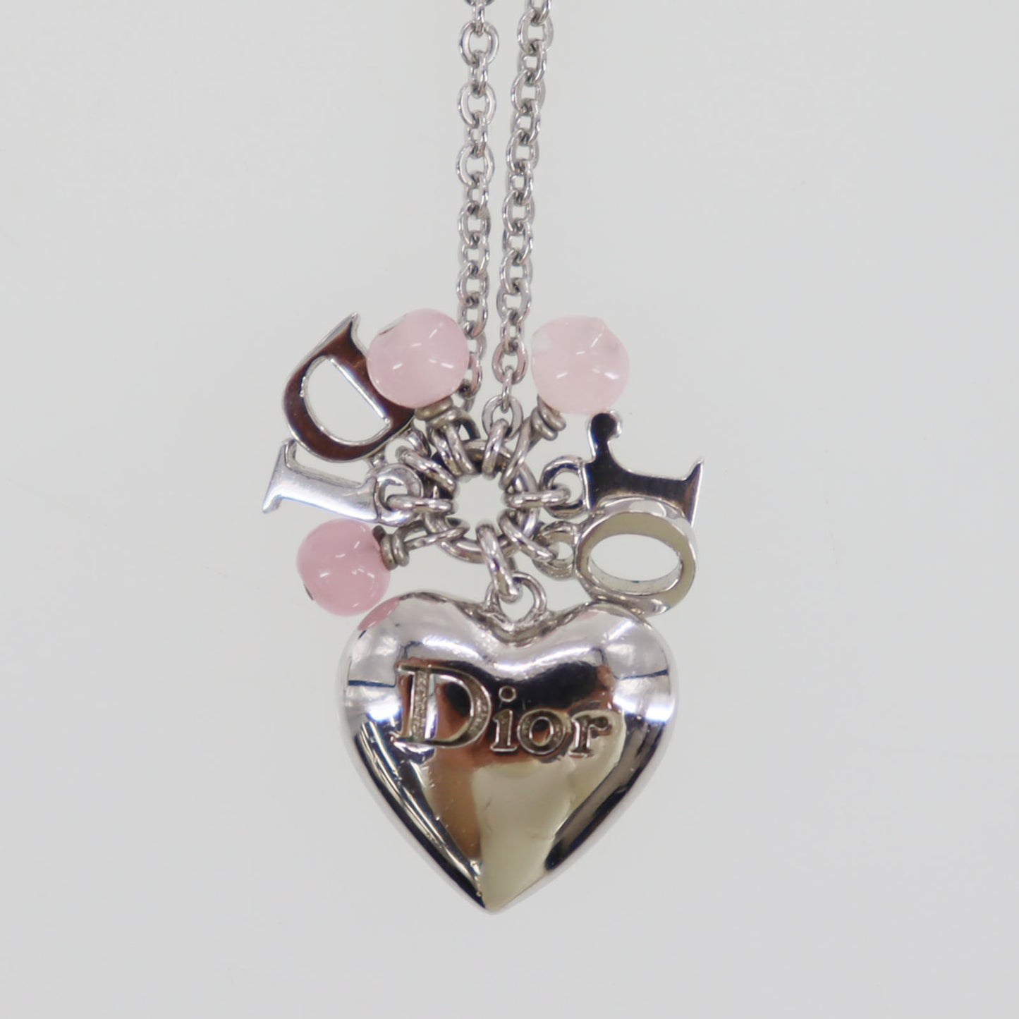 Christian Dior Logos Heart Beads Chain Necklace Silver Pink #ED570