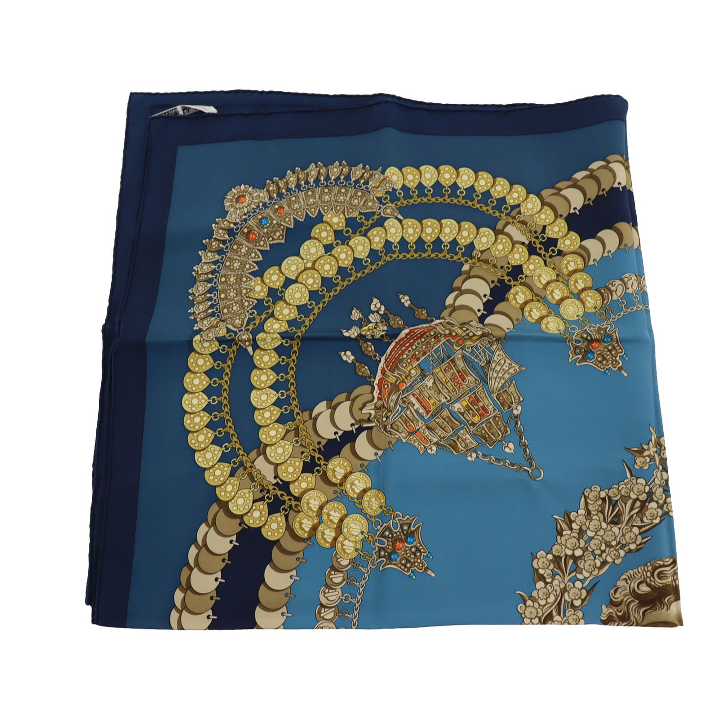 HERMES Logos Jewelry Design Large Scarf Blue 100% Silk #BY629