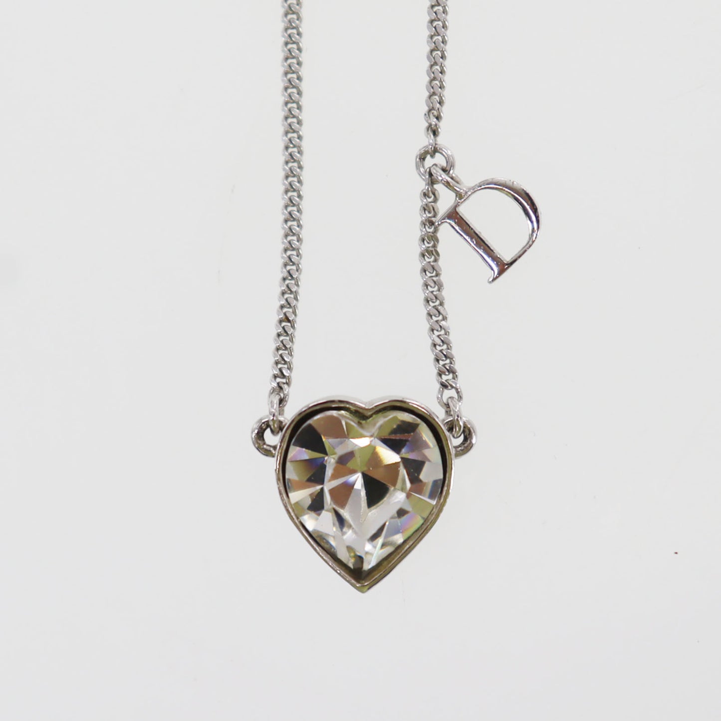 Christian Dior Heart Rhinestones Chain Necklace Silver #ED16