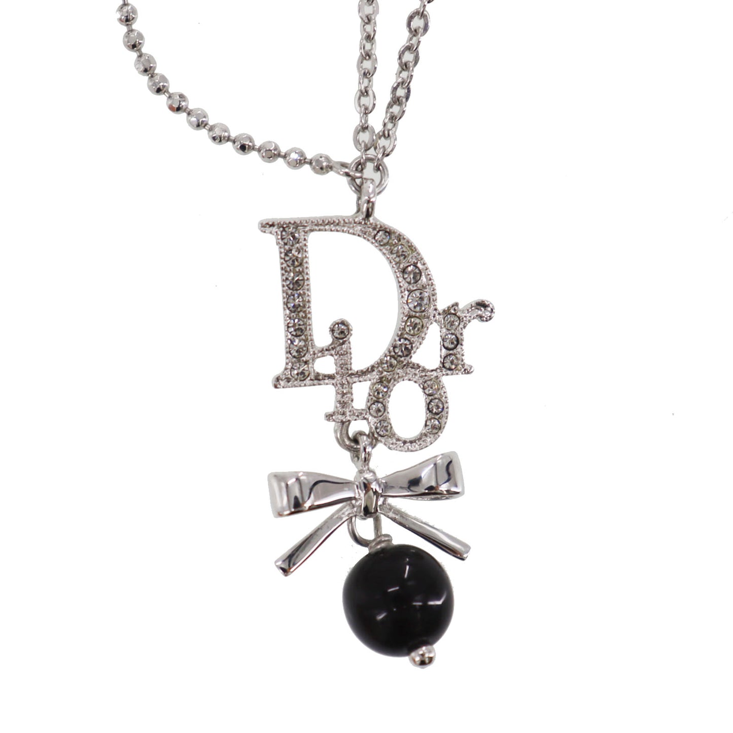 Christian Dior Logos Bow Rhinestones Chain Necklace Silver #ED578