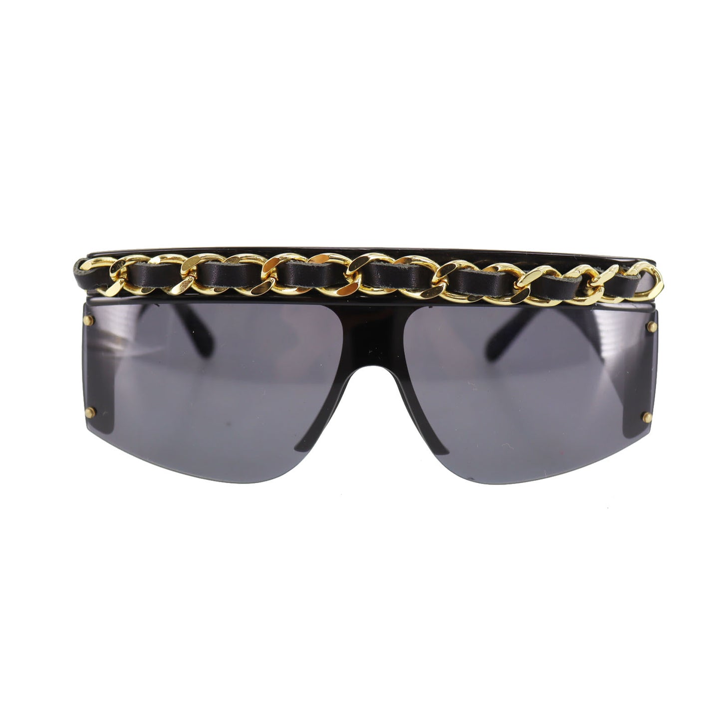 CHANEL Chain Sunglasses Black Shield Eye Wear #BZ506