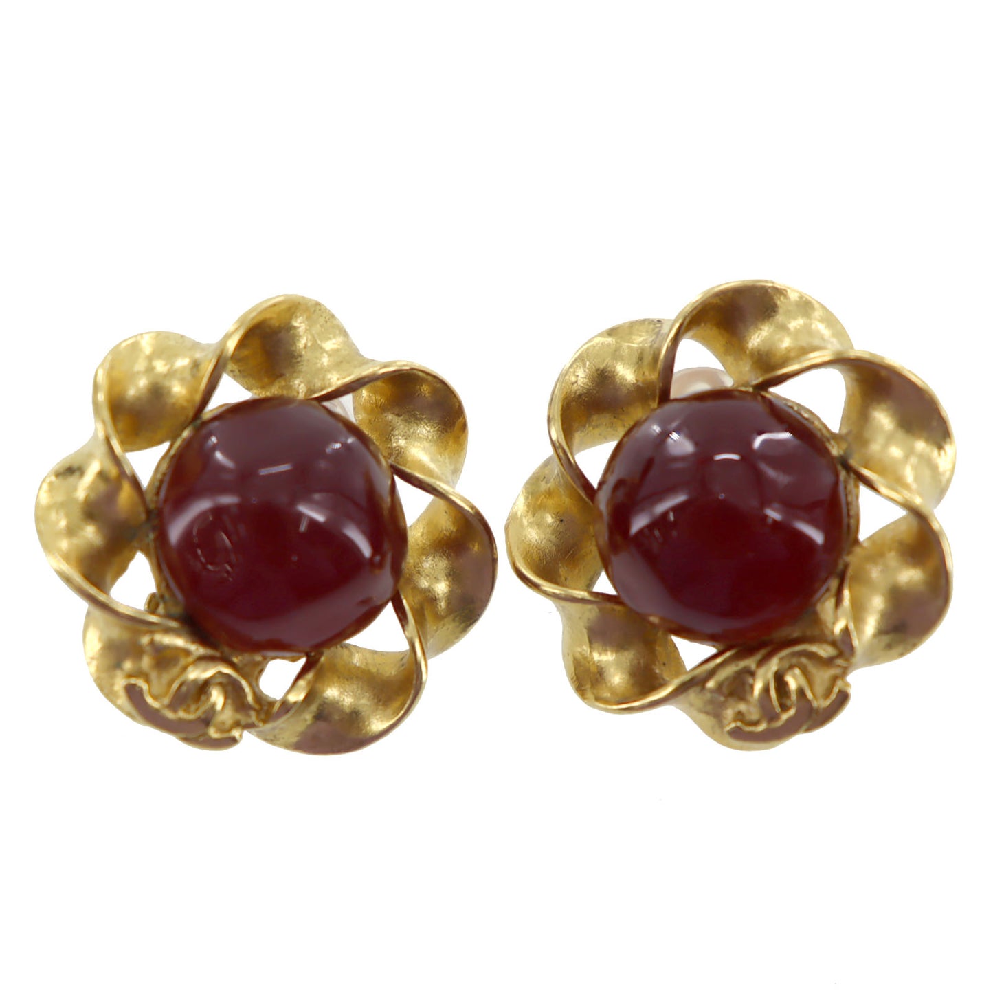 CHANEL CC Logos Spiral Circle Stone Earrings Gold Clip-On #AG839