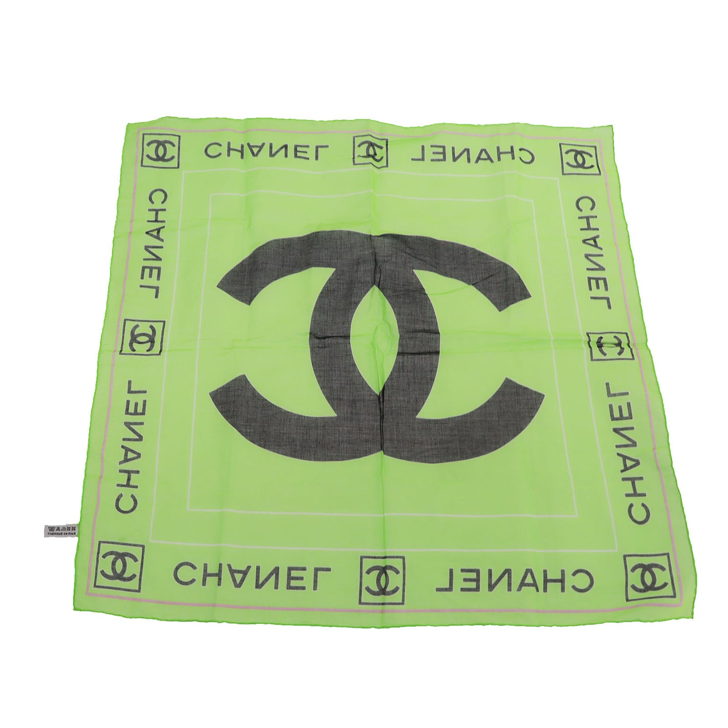 CHANEL CC Logos Green Square Scarf Cotton #CO834