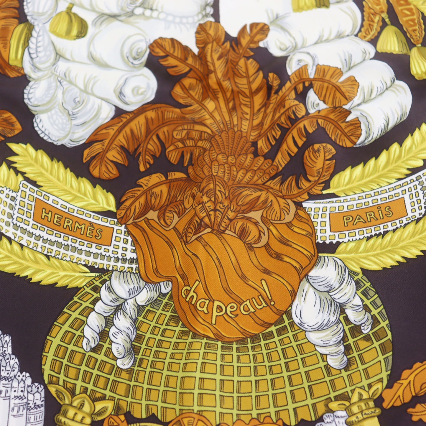 HERMES Carre 90 Logos Botanical Hat Design Silk Scarf Brown #AG543