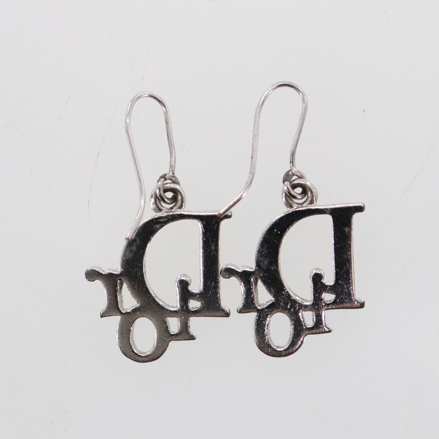 Christian Dior Logos Rhinestones Hook Pierced Earrings Silver Plated #EH4