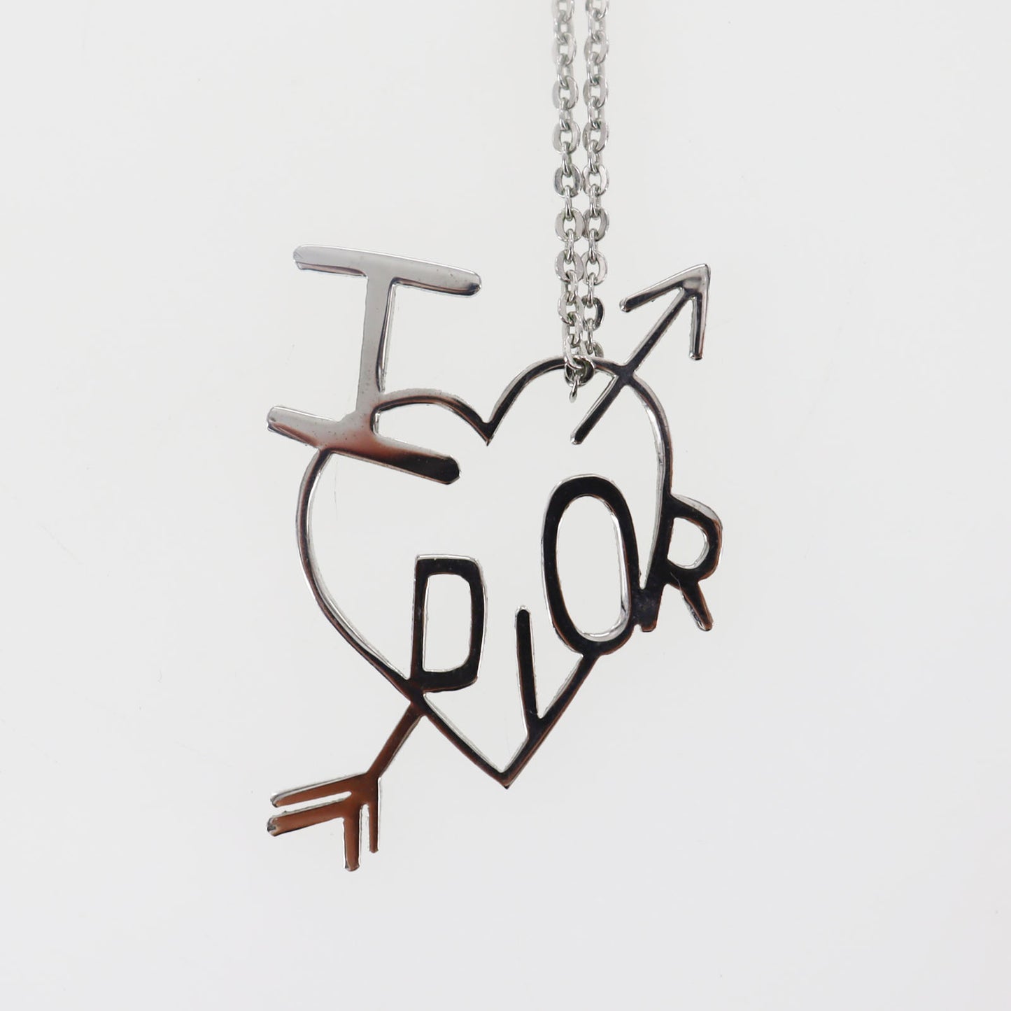 Christian Dior Logo Heart Chain Necklace Silver #CX518