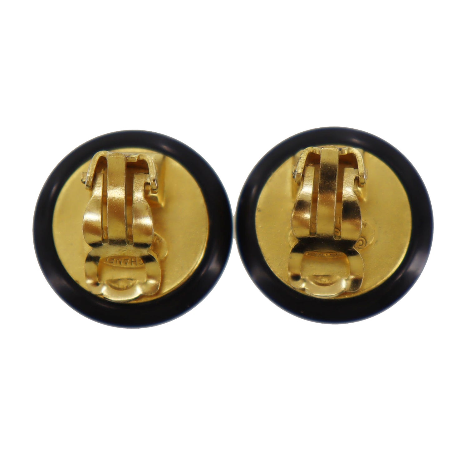 CHANEL Logos Earrings Gold Black Clip-On 95A #BK864