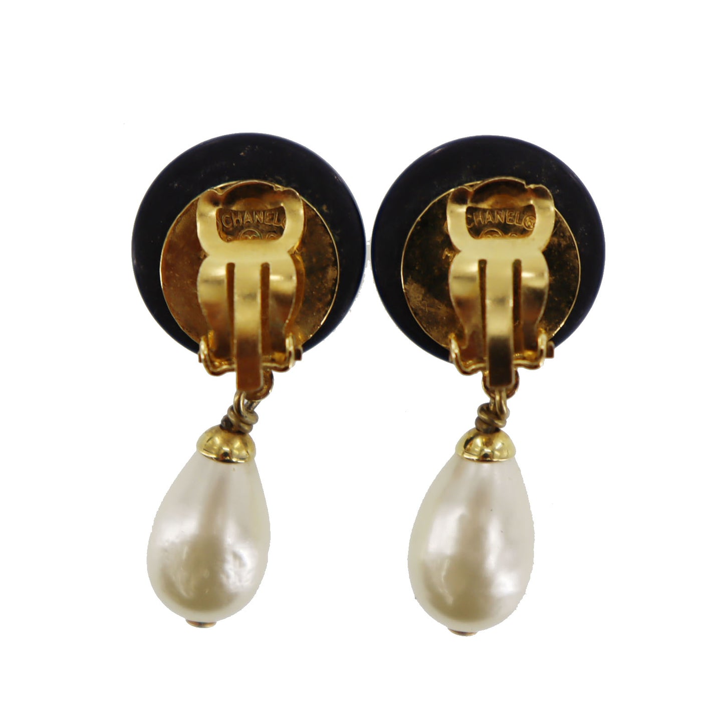 CHANEL CC Logos Pearl Earrings Black Gold Clip-On 96C #BR700