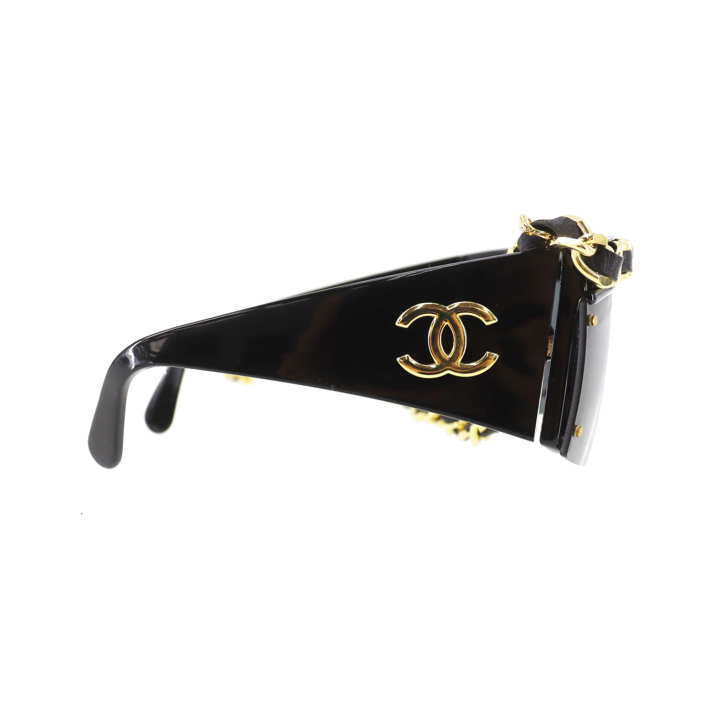 CHANEL Chain Used Sunglasses Black Shield Eye Wear Italy #CU905