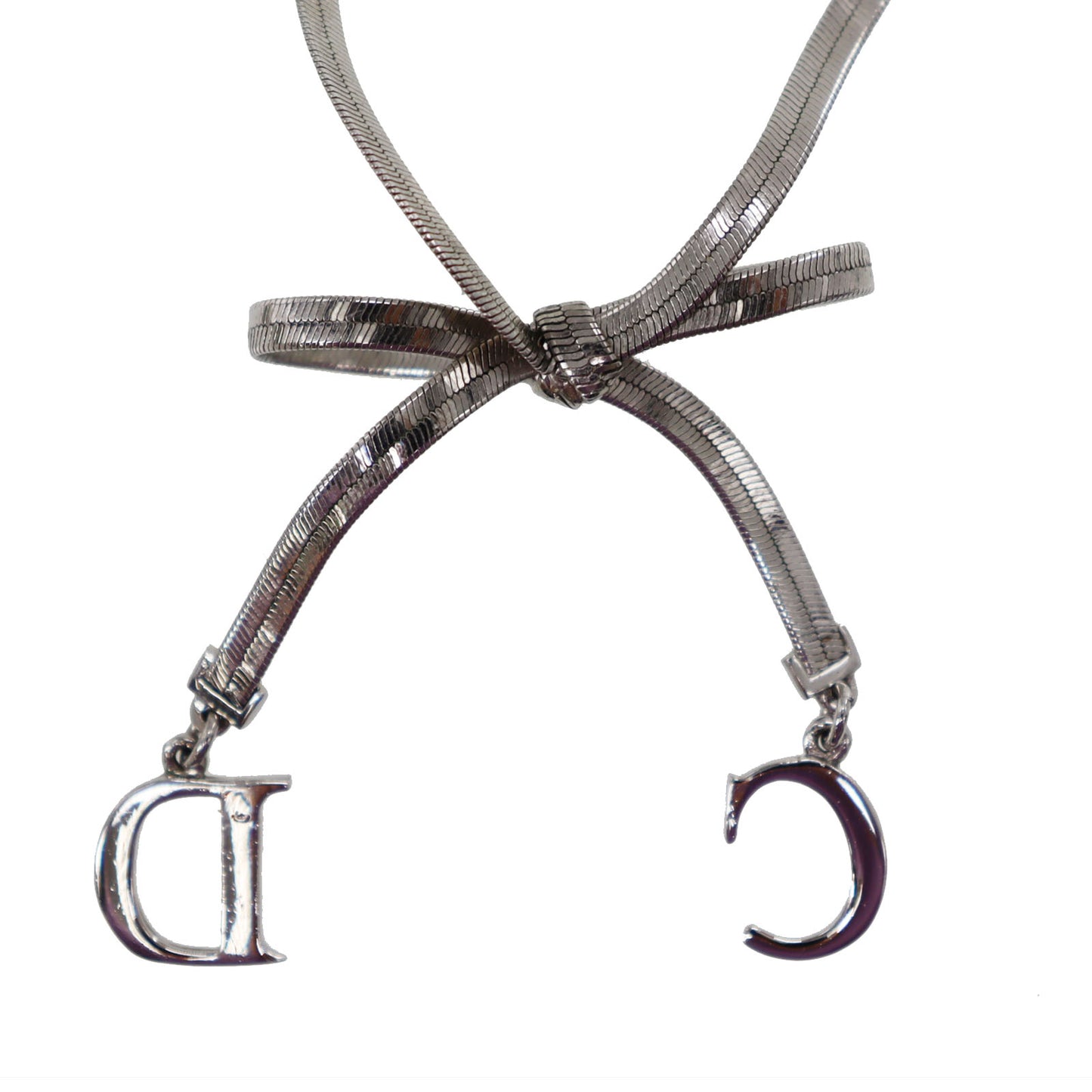 Christian Dior CD Logo Ribbon Necklace Silver #CP137