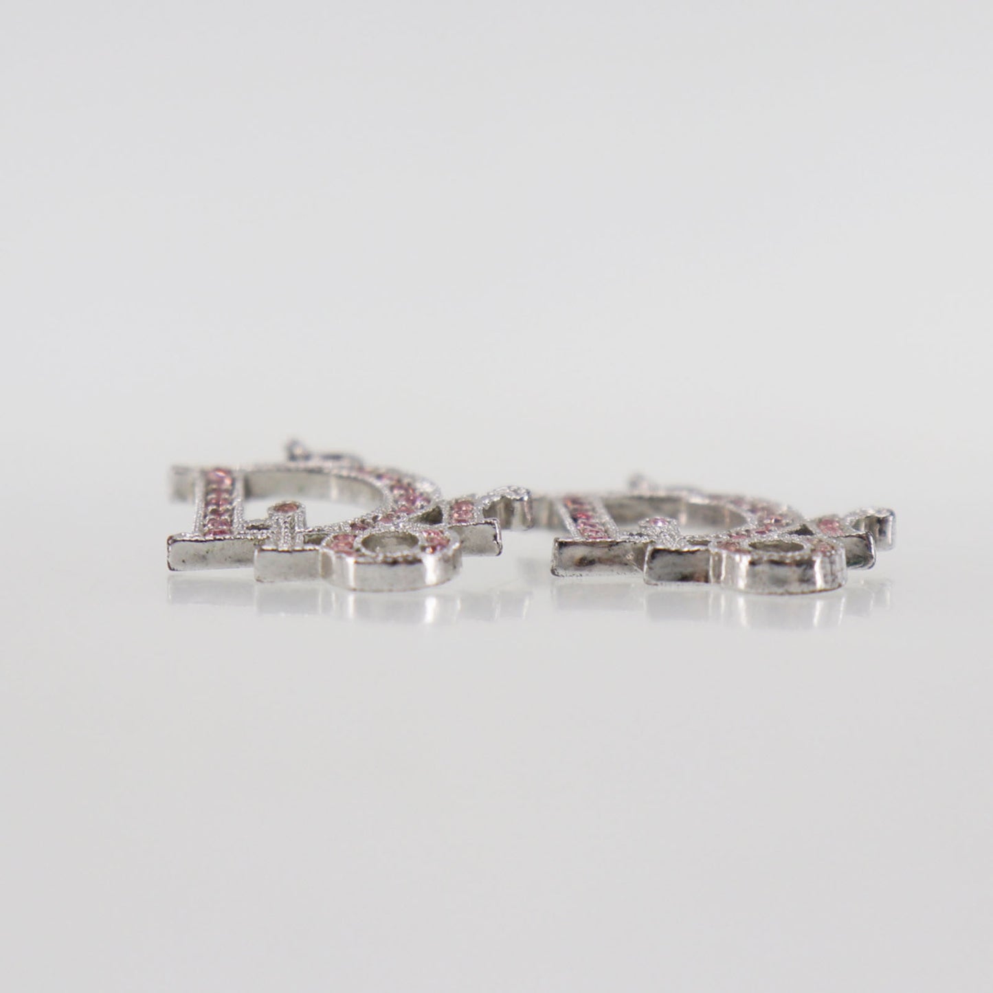 Christian Dior Logos Rhinestones Hook Pierced Earrings Silver Plated #EH4