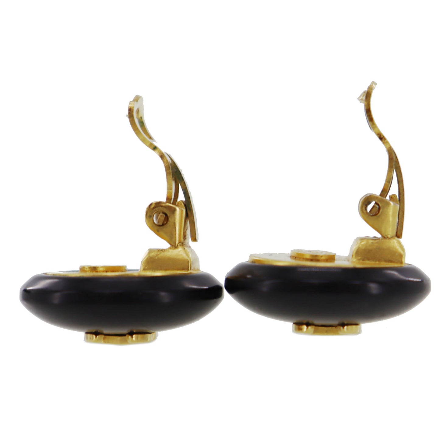CHANEL Logos Earrings Gold Black Clip-On 95A #BK864
