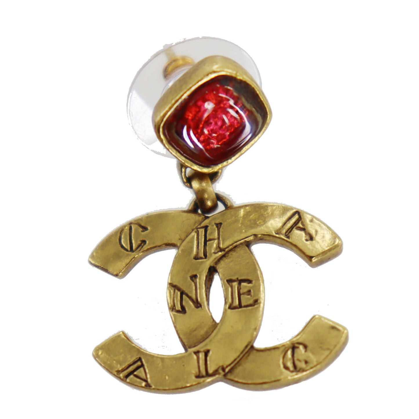 CHANEL CC Logos Red Stone Gold Piercing 99 A #CD793