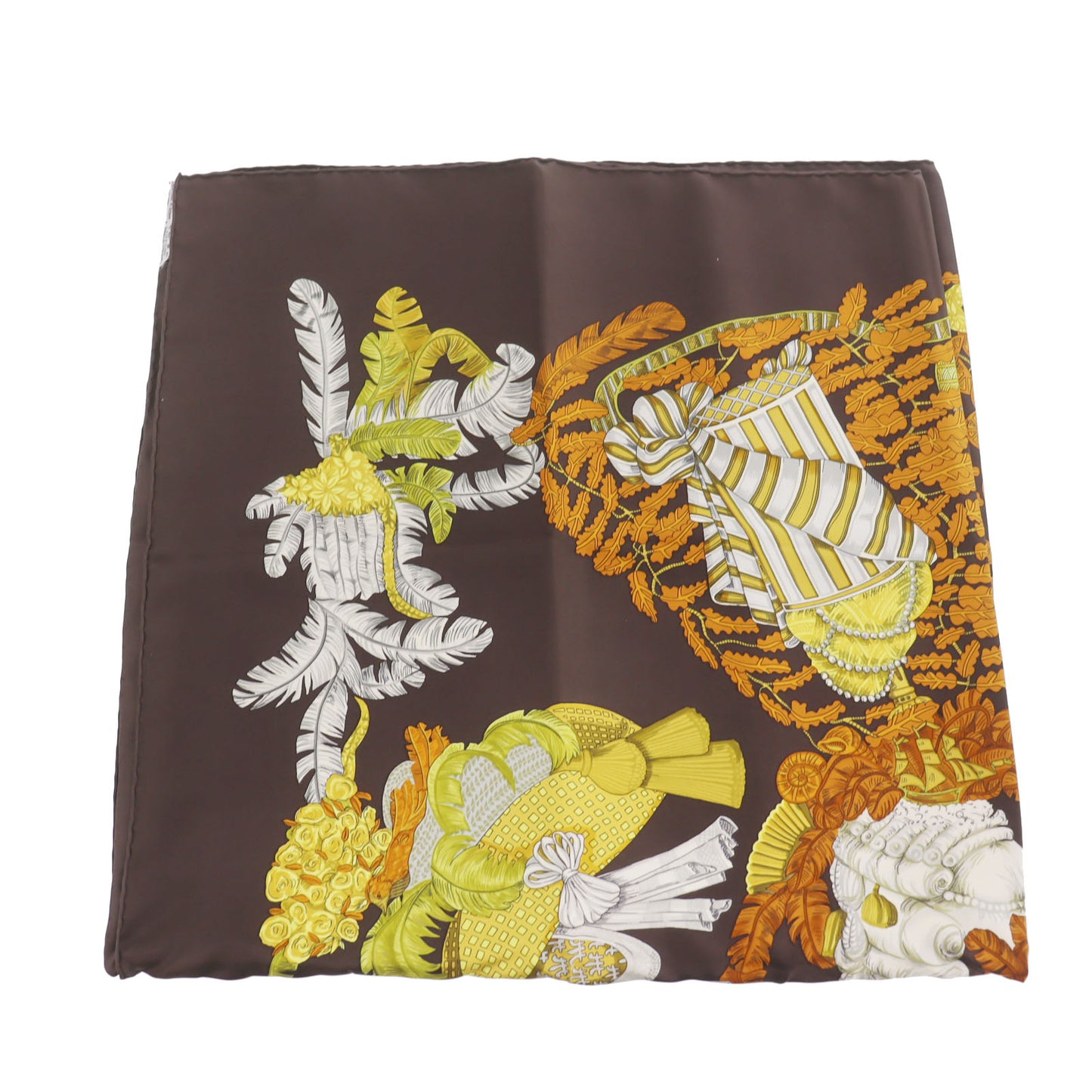 HERMES Carre 90 Logos Botanical Hat Design Silk Scarf Brown #AG543