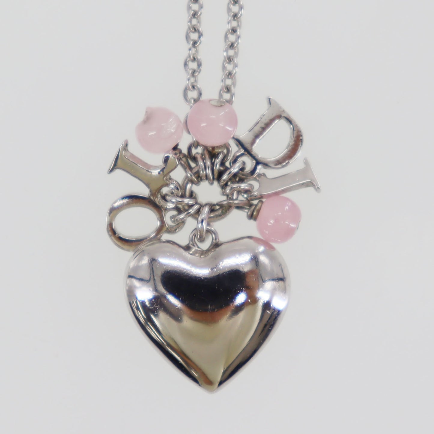 Christian Dior Logos Heart Beads Chain Necklace Silver Pink #ED570
