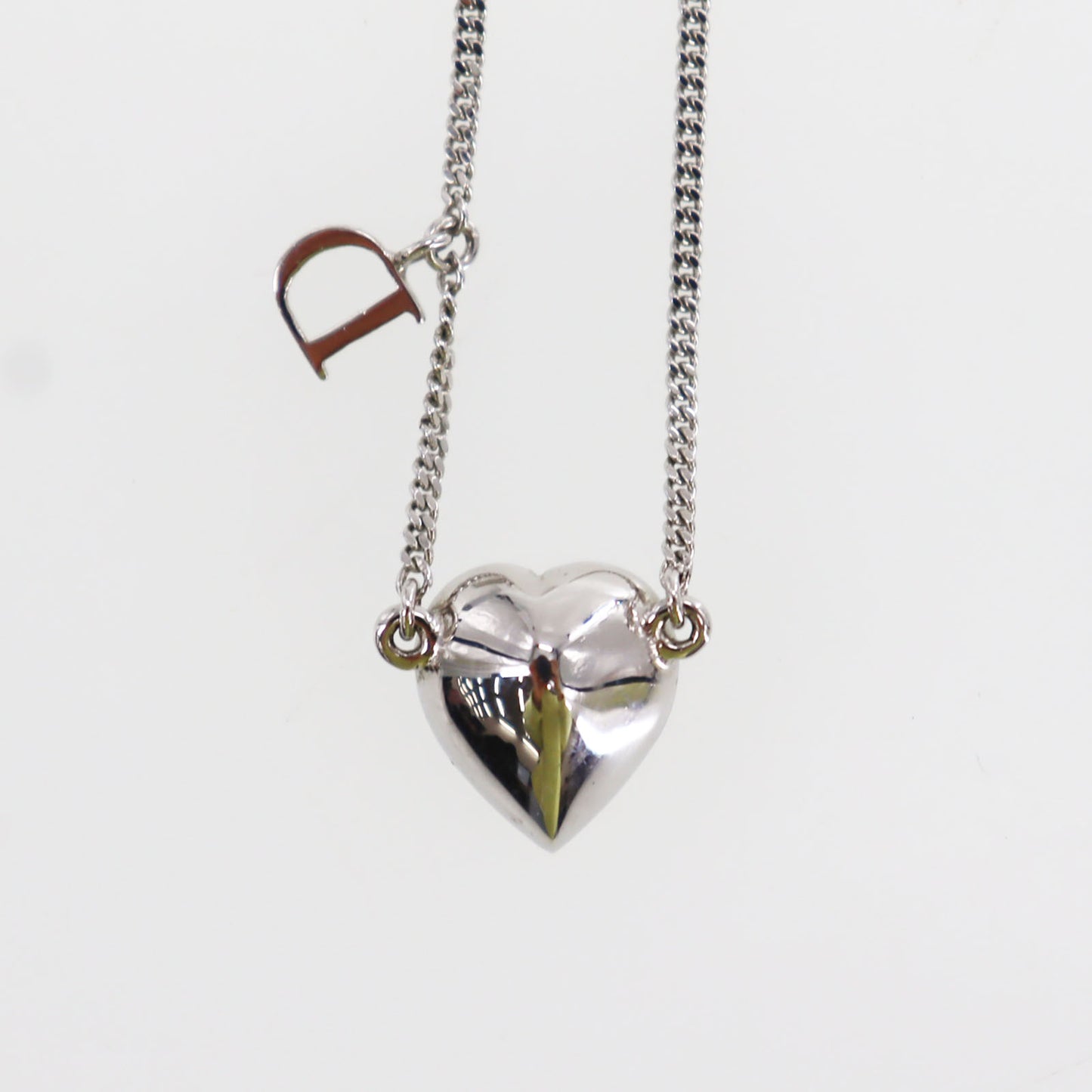 Christian Dior Heart Rhinestones Chain Necklace Silver #ED16