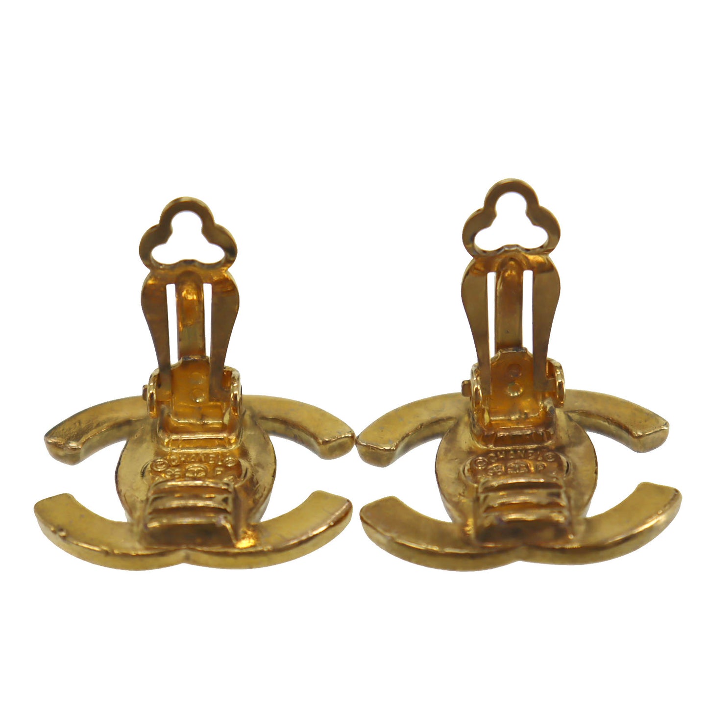 CHANEL CC Logos Turn-lock Earrings Gold Clip-On 96P #CD615