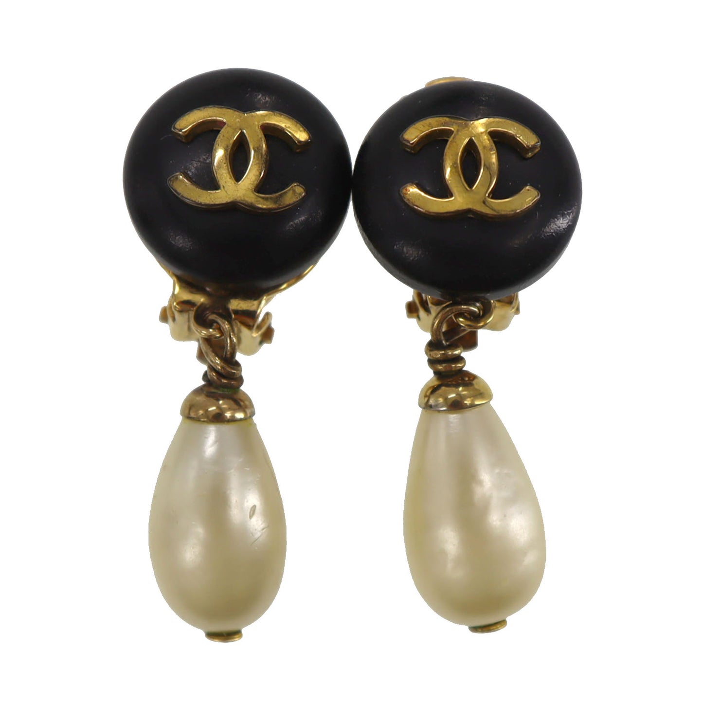 CHANEL CC Logos Pearl Swing Earrings Gold Black Clip-On 93A #CM8
