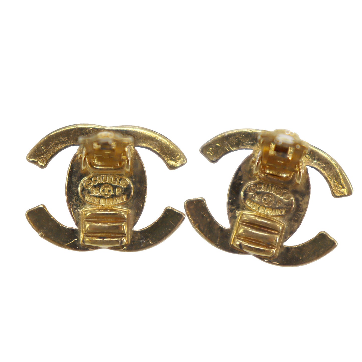 CHANEL CC Logos Turn-lock Earrings Gold Clip-On 96P #CD615