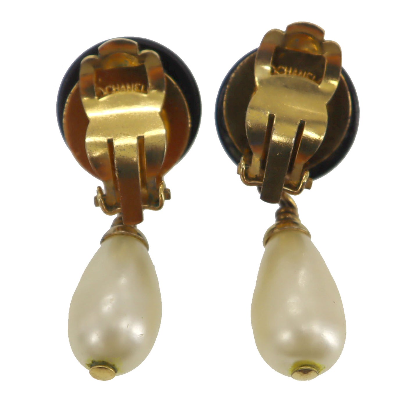 CHANEL CC Logos Pearl Swing Earrings Gold Black Clip-On 93A #CM8