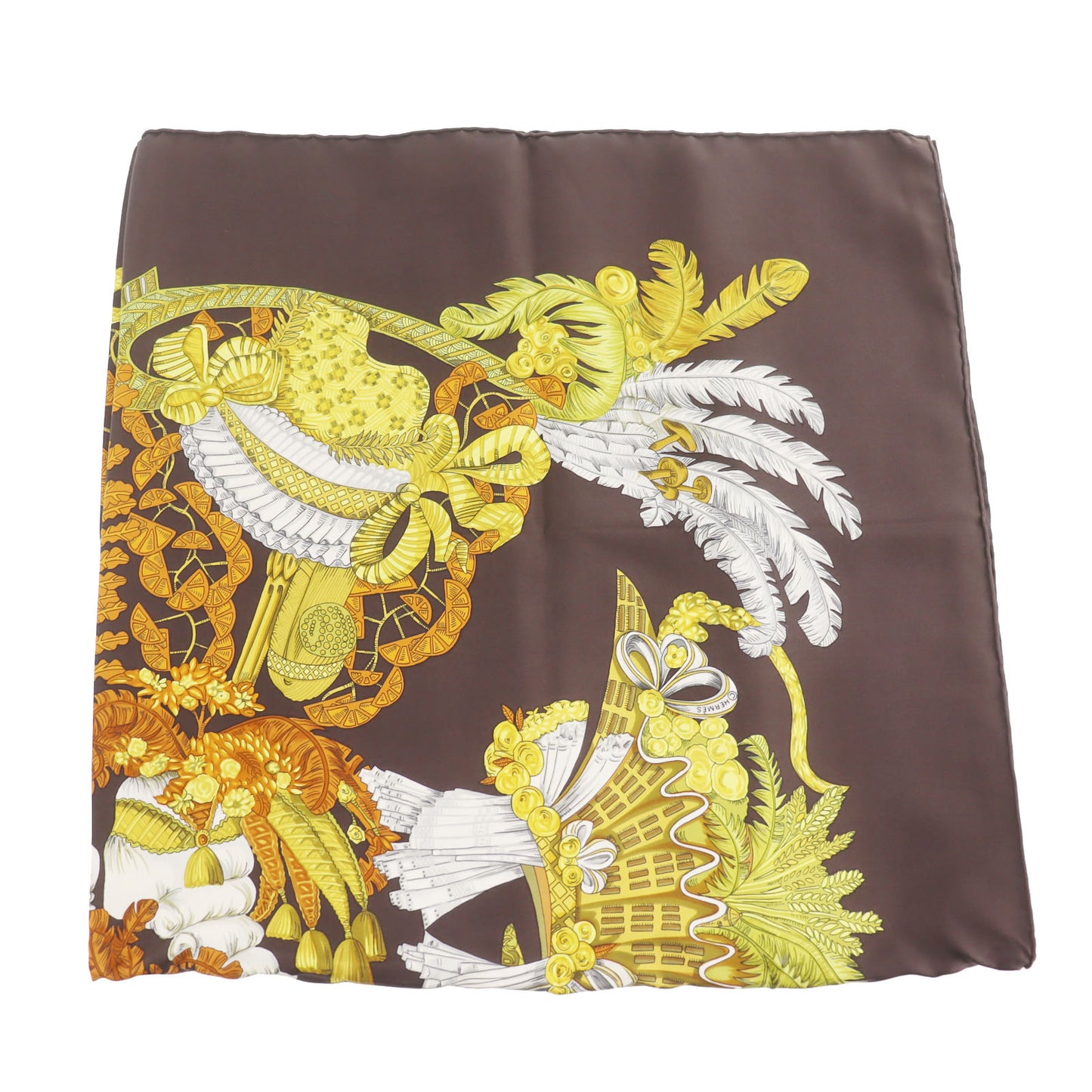 HERMES Carre 90 Logos Botanical Hat Design Silk Scarf Brown #AG543