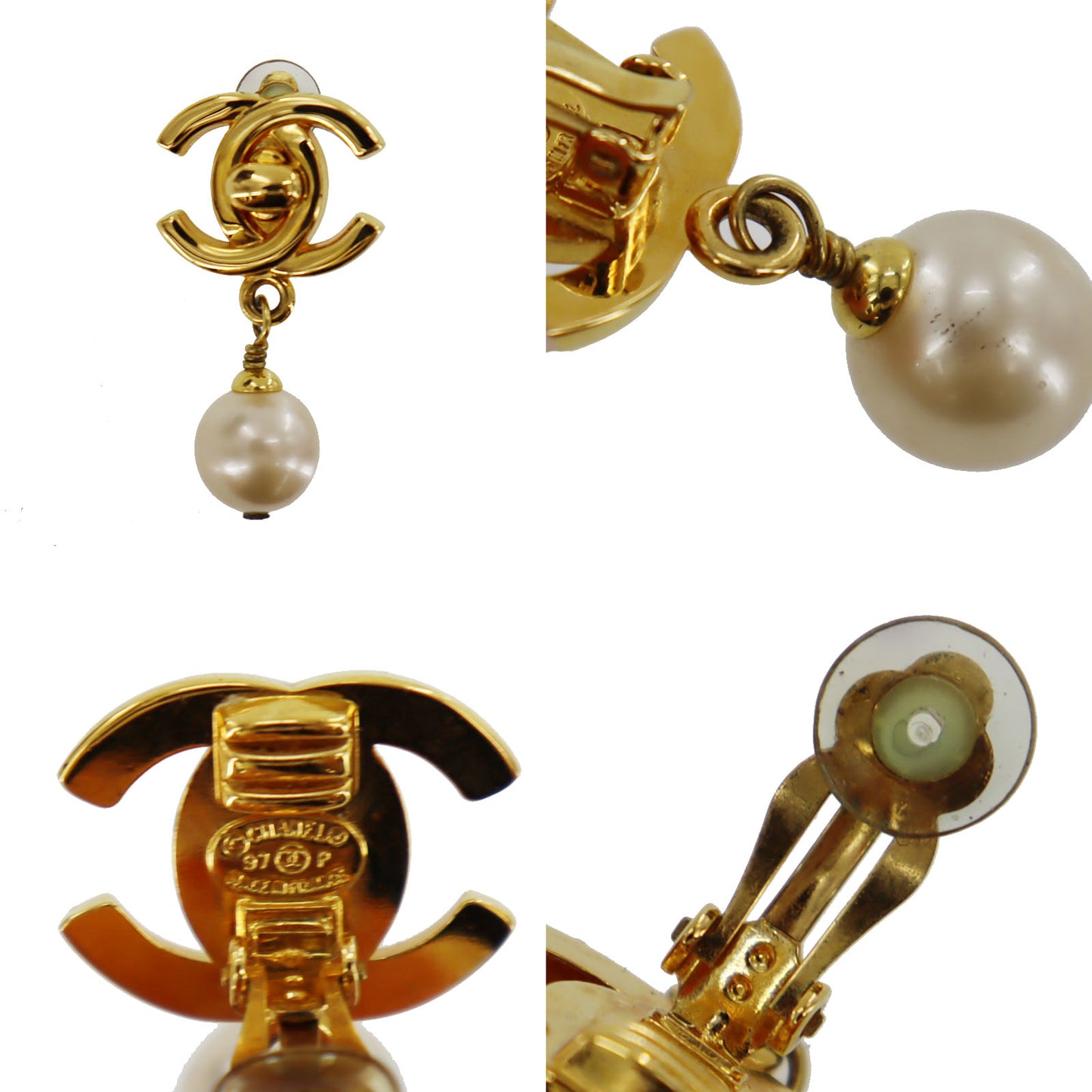 CHANEL CC Logos Pearl Earrings Clip-On 97P #AG5