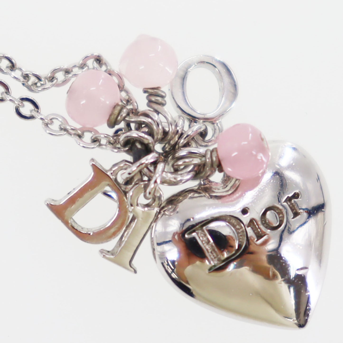 Christian Dior Logos Heart Beads Chain Necklace Silver Pink #ED570
