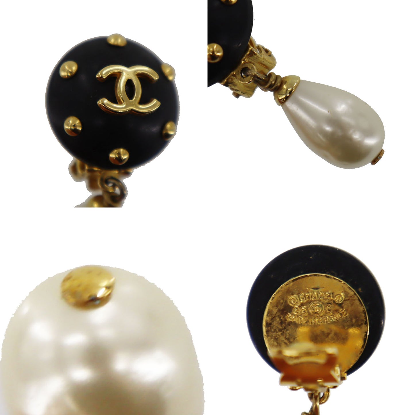 CHANEL CC Logos Pearl Earrings Black Gold Clip-On 96C #BR700