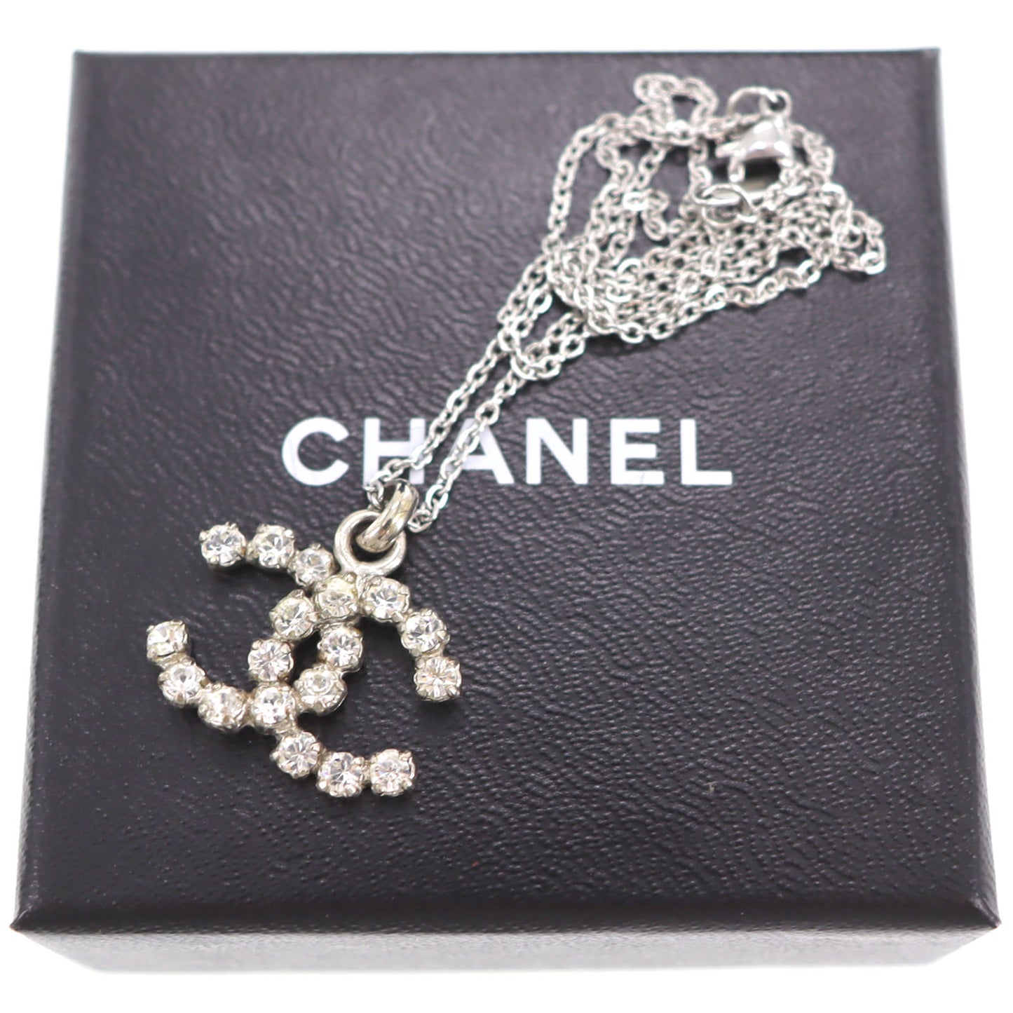 CHANEL CC Logos Chain Necklace Rhinestone Silver Pendant #CO441
