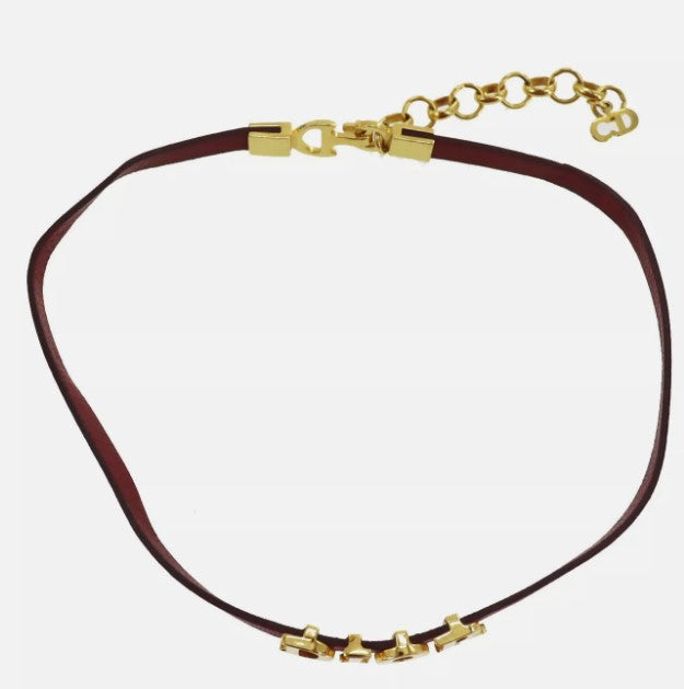 Christian Dior Logo Used Choker Red Gold Leather Gold Plated Vinatge #CU720 S
