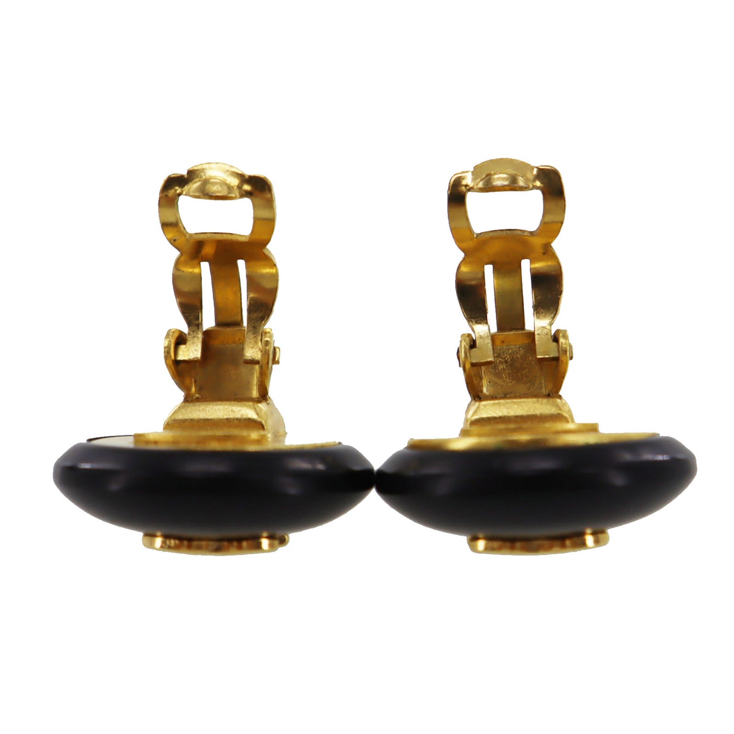 CHANEL Logos Earrings Gold Black Clip-On 95A #BK864