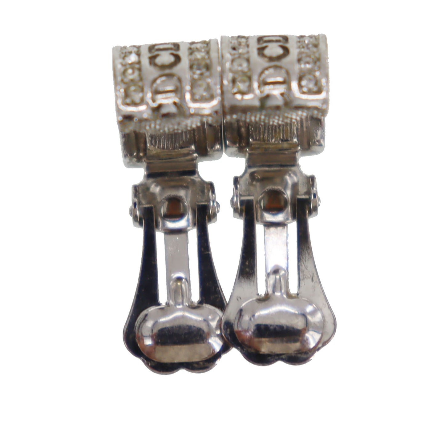 Christian Dior CD Logos Rhinestones Earrings Silver Plated #CW718