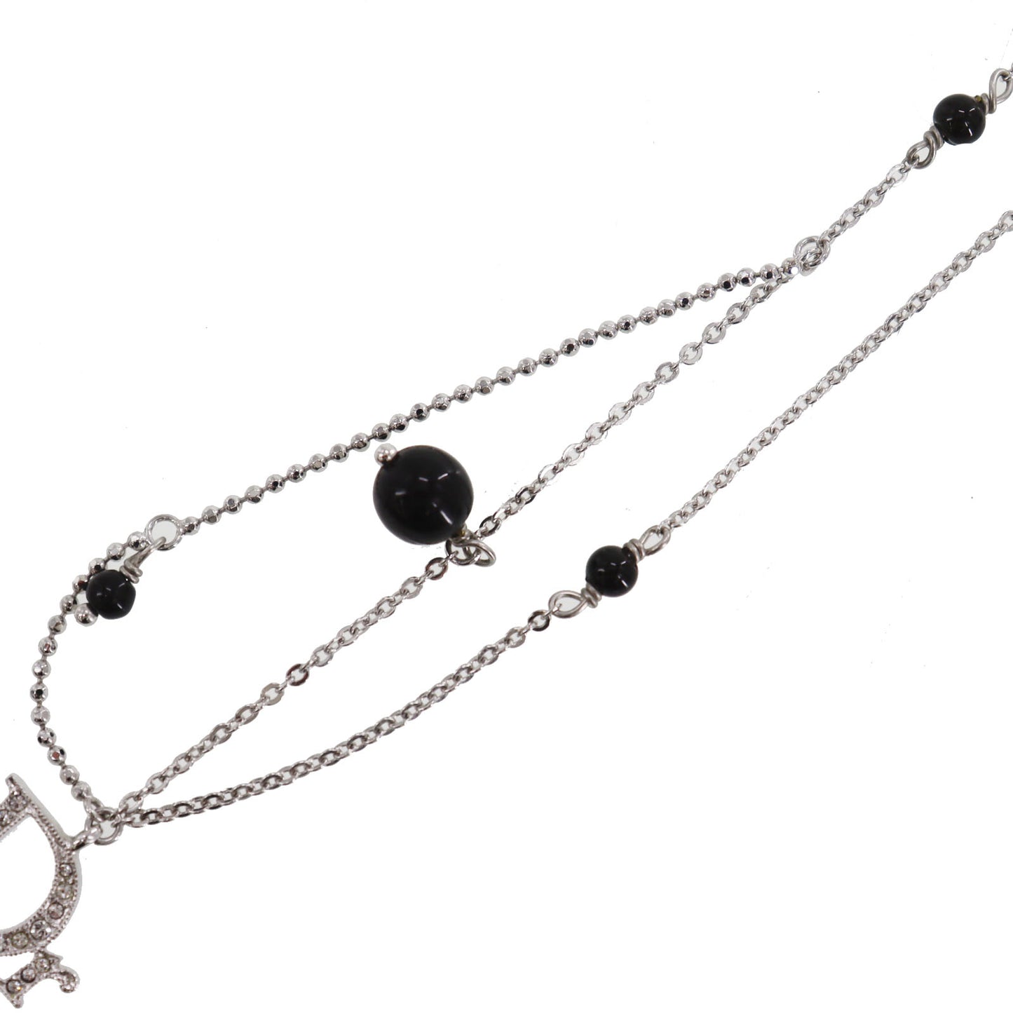 Christian Dior Logos Bow Rhinestones Chain Necklace Silver #ED578